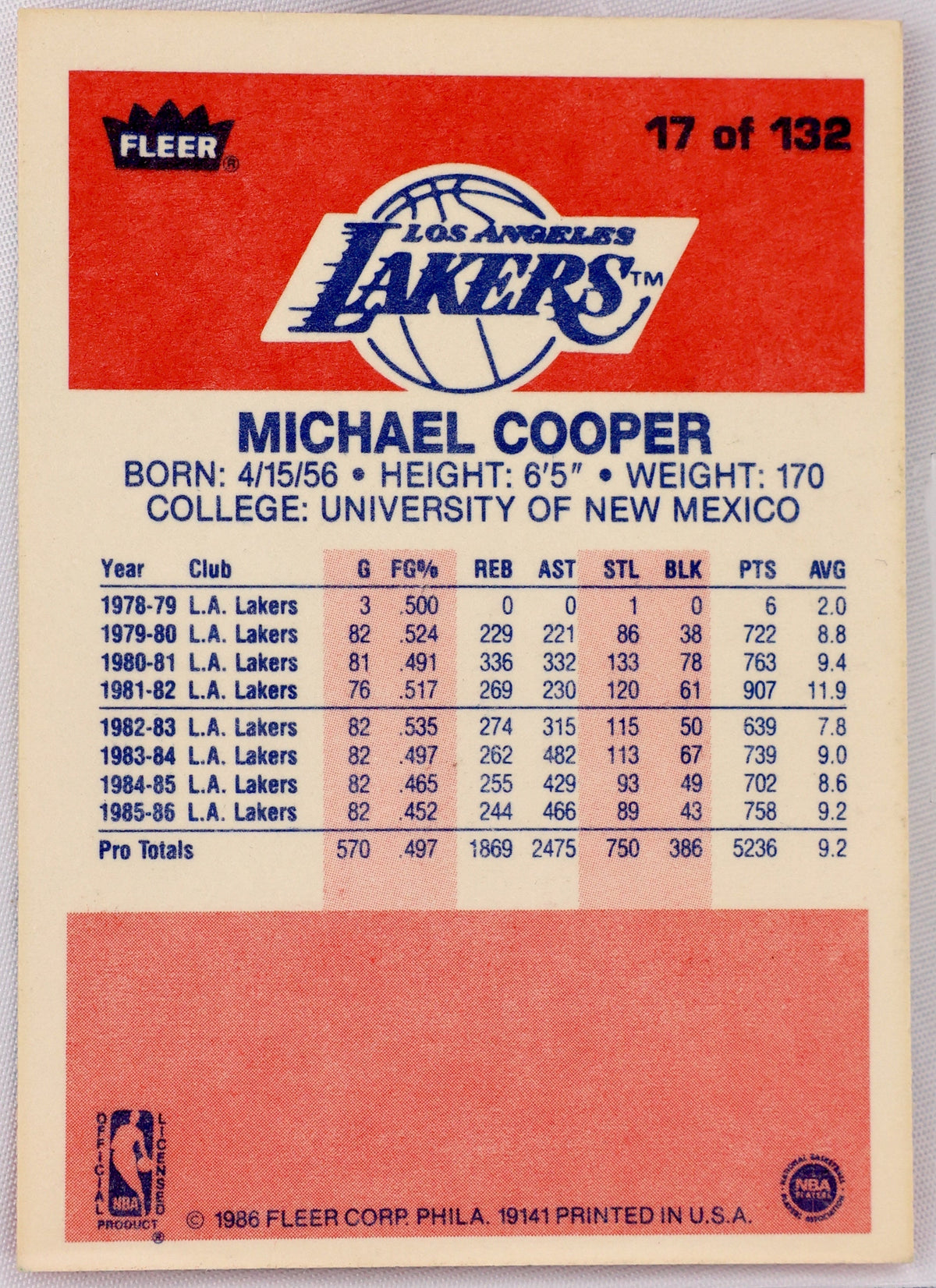 A vintage 1986 Fleer Michael Cooper Los Angeles Lakers basketball trading card, graded and encapsulated in a clear plastic protective holder.