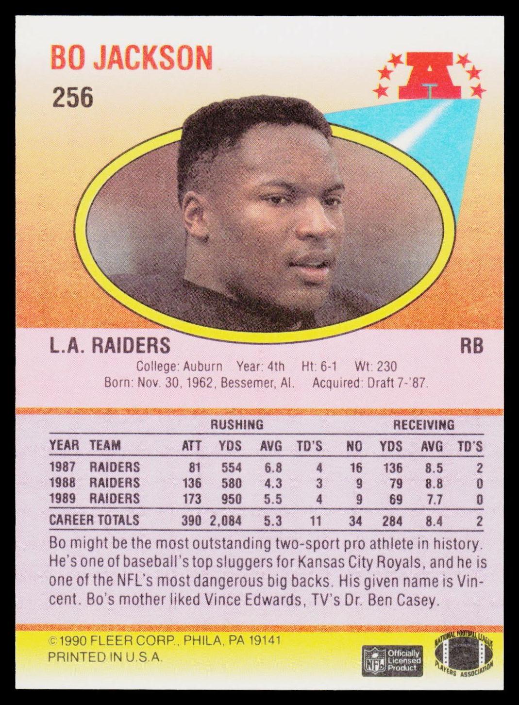 A vintage 1990 football trading card back for Bo Jackson, featuring his portrait, team information for the L.A. Raiders