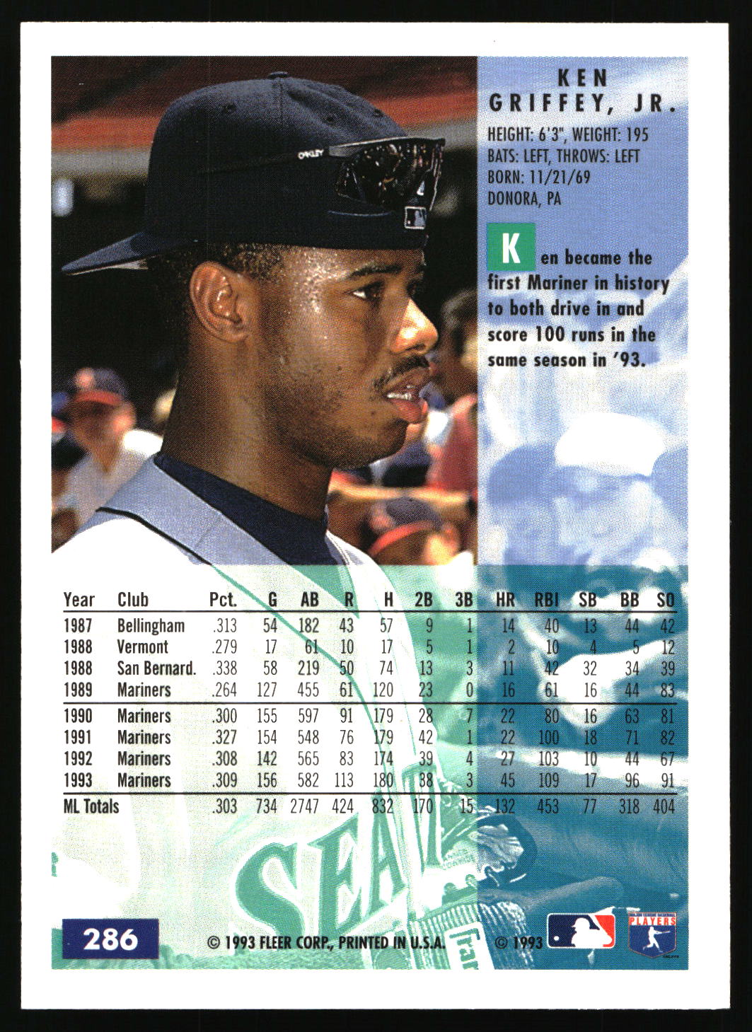A vintage 1993 Fleer baseball trading card featuring Ken Griffey Jr., with a portrait on the front, player statistics, and team branding.