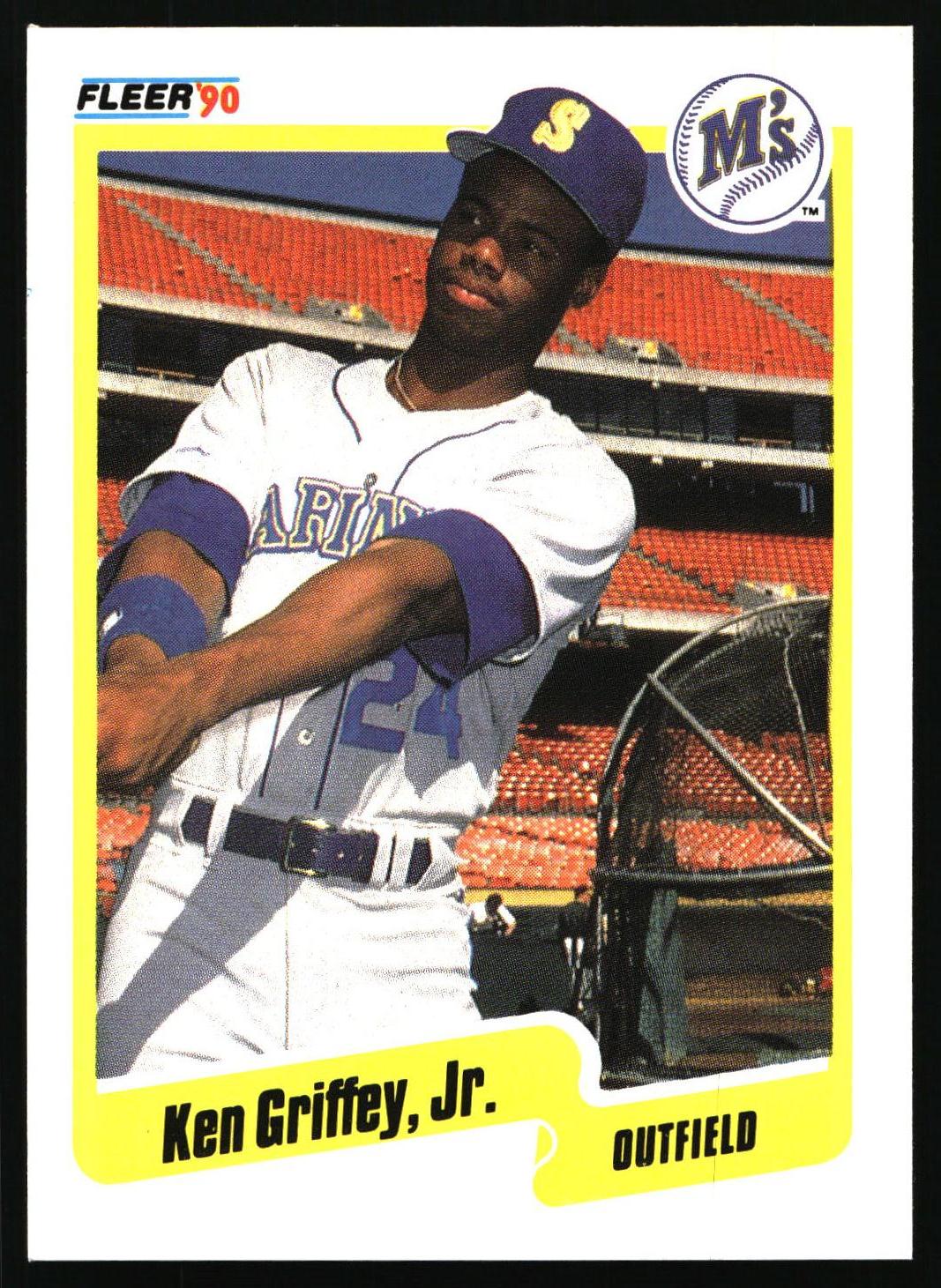 A vintage Fleer 1990 baseball trading card featuring Ken Griffey, Jr. in a Kansas City Royals uniform, with a yellow border and team logo.