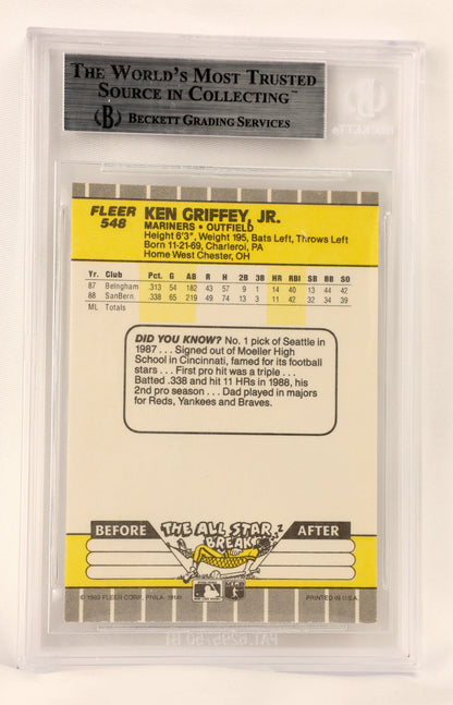 A graded baseball trading card of Ken Griffey, Jr., encapsulated in a clear plastic protective case.