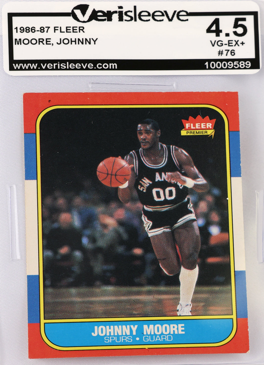 A 1986-87 Fleer basketball trading card of Johnny Moore, number 76, graded and encapsulated by Verisleeve with a 4.5 rating.