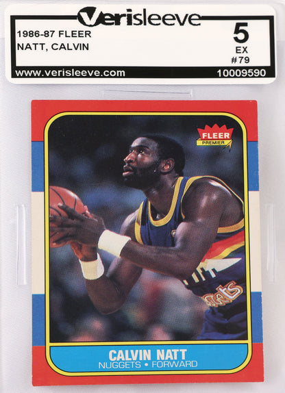 A graded 1986-87 Fleer basketball trading card of Calvin Natt, rated 5 by Verisleeve. The card features a photo of Calvin Natt in a Denver Nuggets uniform, with a red border and a blue bottom banner.