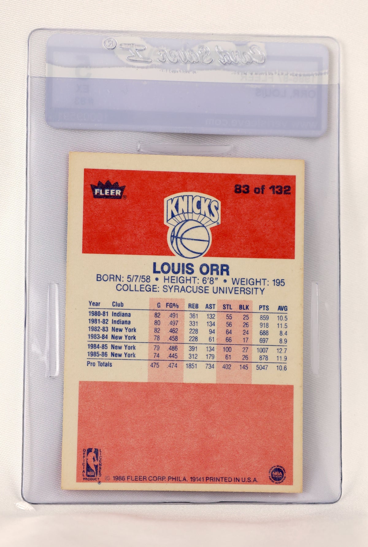 A vintage New York Knicks Louis Orr basketball trading card, graded and sealed in a clear plastic protective plastic holder.