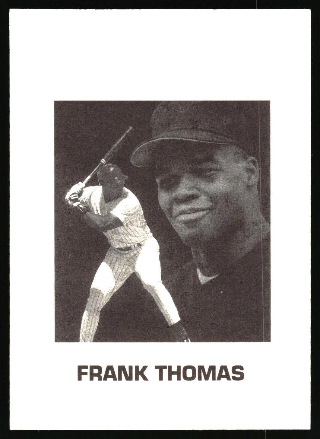 A black and white baseball trading card featuring a close-up portrait of Frank Thomas, a baseball player in action, and the text 'FRANK THOMAS' at the bottom.
