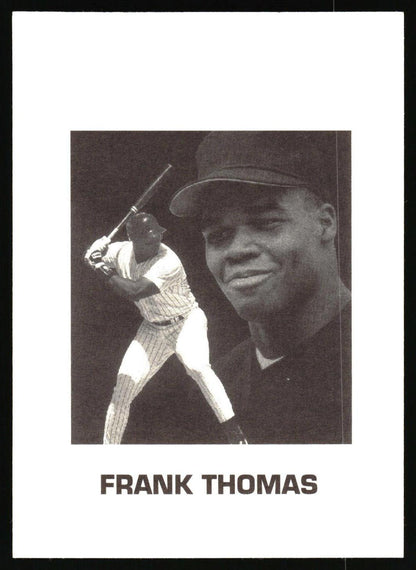 A black and white baseball trading card featuring a close-up portrait of Frank Thomas, a baseball player in action, and the text 'FRANK THOMAS' at the bottom.
