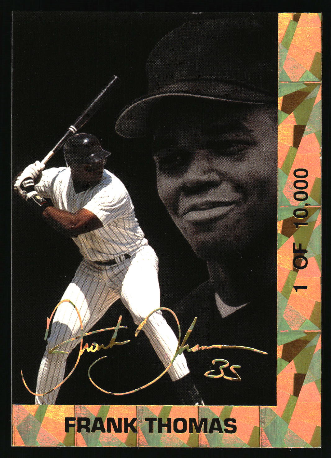 A collectible baseball trading card featuring Frank Thomas, with a black-and-white photo of him batting alongside a close-up portrait, a gold signature, and a multicolor patterned border with 'FRANK THOMAS' and '1 OF 10,000' text.
