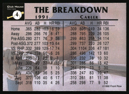 A baseball trading card back featuring a 1991 career breakdown table under the title 'THE BREAKDOWN' with team logo for Club House Series