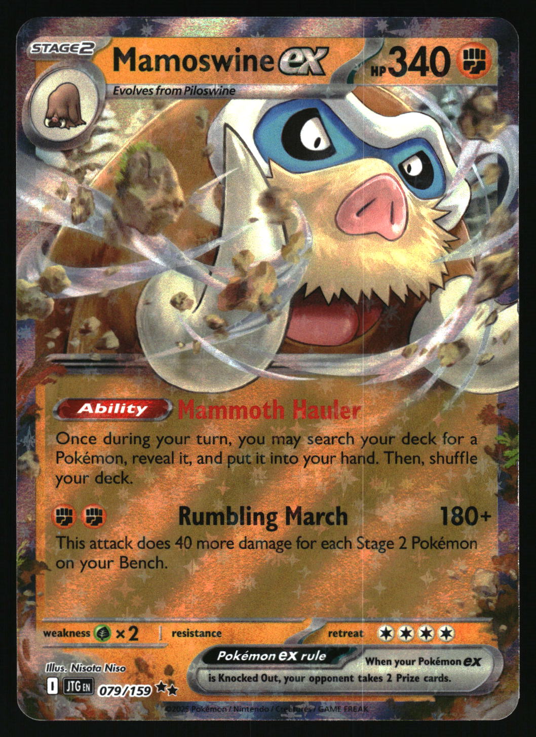 Pokémon trading card featuring Mamoswine EX with detailed artwork and text.