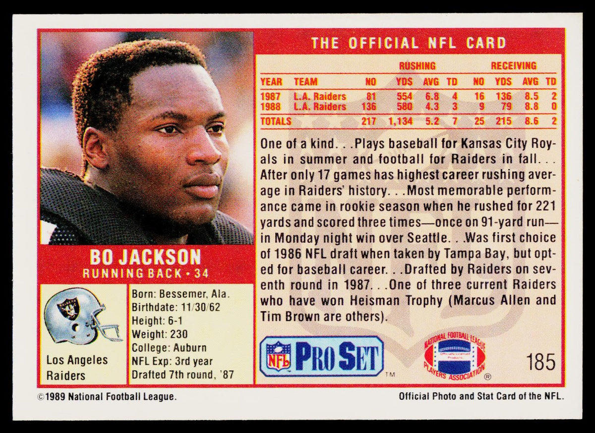 A vintage 1989 NFL Pro Set trading card, specifically card number 185, featuring Bo Jackson. The card has a red border and displays a portrait of Bo Jackson on the left, his career rushing and receiving stats on the right, and the NFL Pro Set logo at the bottom.
