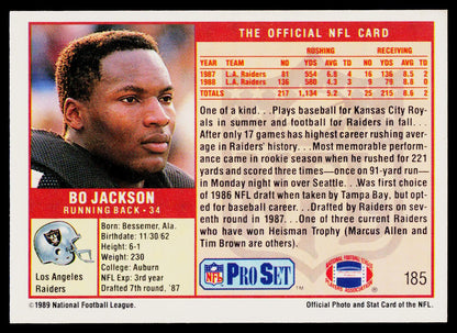A vintage 1989 NFL Pro Set trading card, specifically card number 185, featuring Bo Jackson. The card has a red border and displays a portrait of Bo Jackson on the left, his career rushing and receiving stats on the right, and the NFL Pro Set logo at the bottom.
