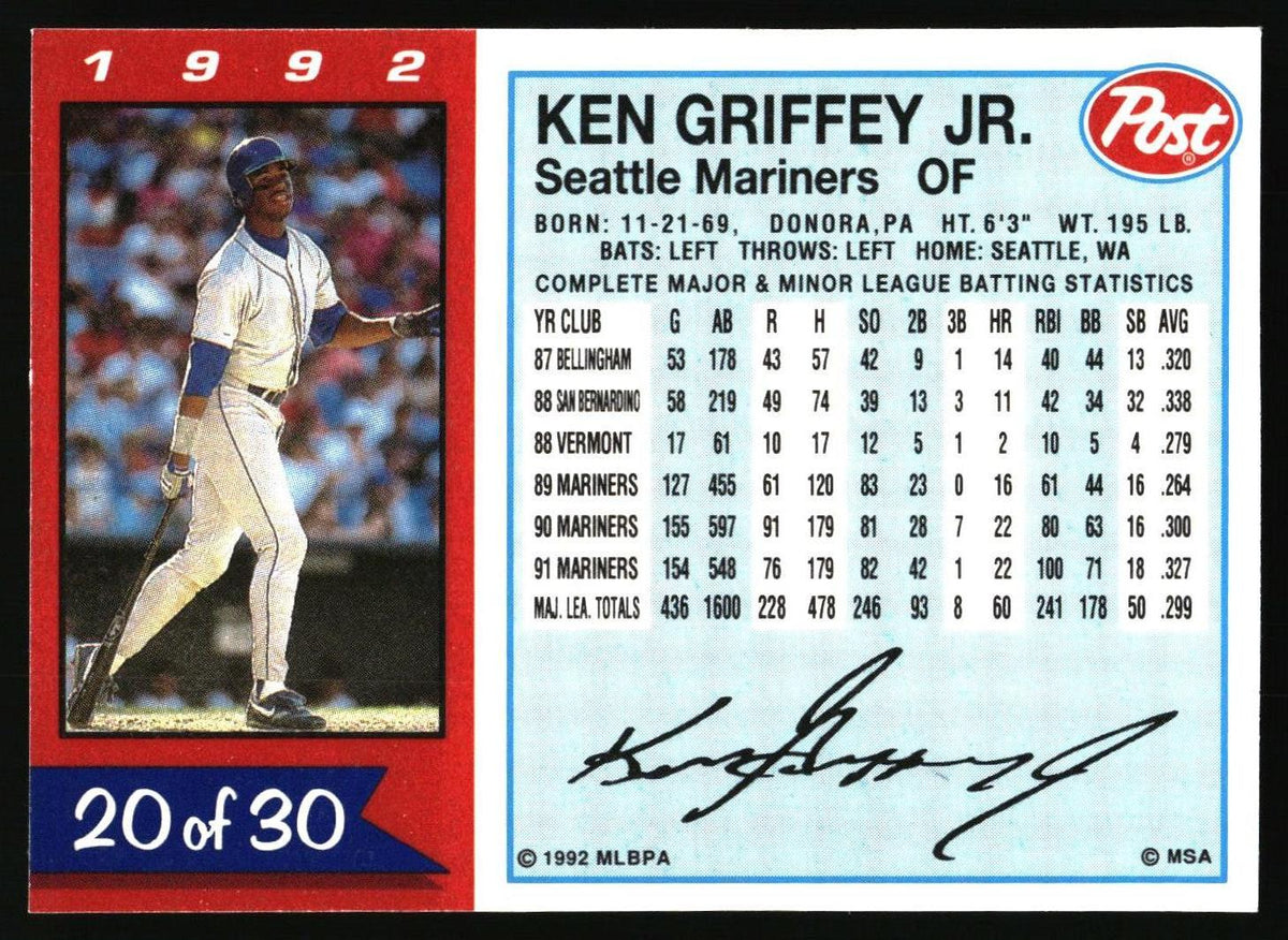 A vintage 1992 Post baseball trading card featuring Ken Griffey Jr., with a player photo on the left and batting statistics and signature on the right.