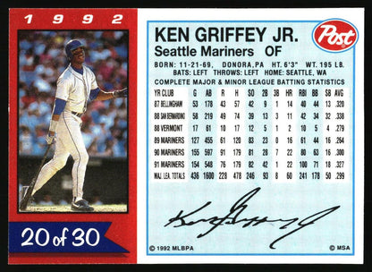 A vintage 1992 Post baseball trading card featuring Ken Griffey Jr., with a player photo on the left and batting statistics and signature on the right.