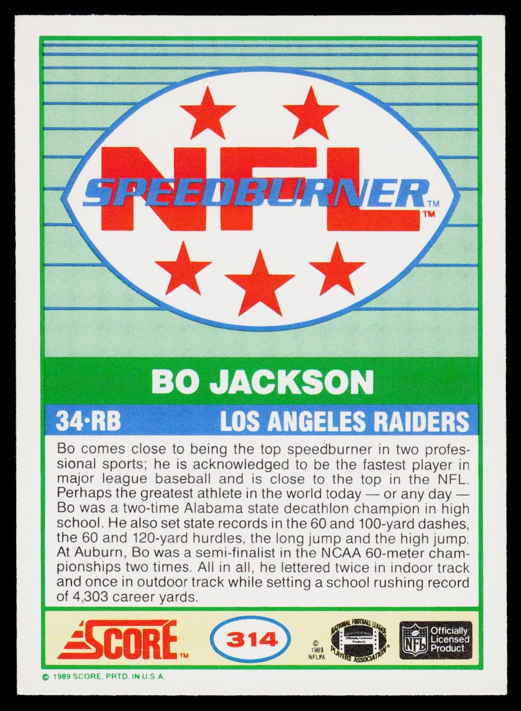 A vintage 1989 Score NFL trading card featuring Bo Jackson of the Los Angeles Raiders. The card has a green and white striped background with a central oval containing the red and blue 'Speedburner' logo and the player's name and team details.