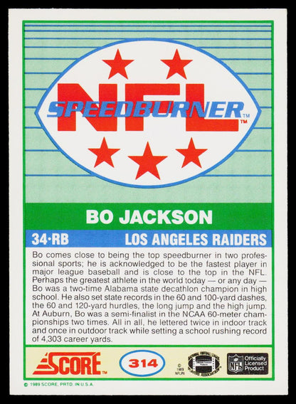 A vintage 1989 Score NFL trading card featuring Bo Jackson of the Los Angeles Raiders. The card has a green and white striped background with a central oval containing the red and blue 'Speedburner' logo and the player's name and team details.