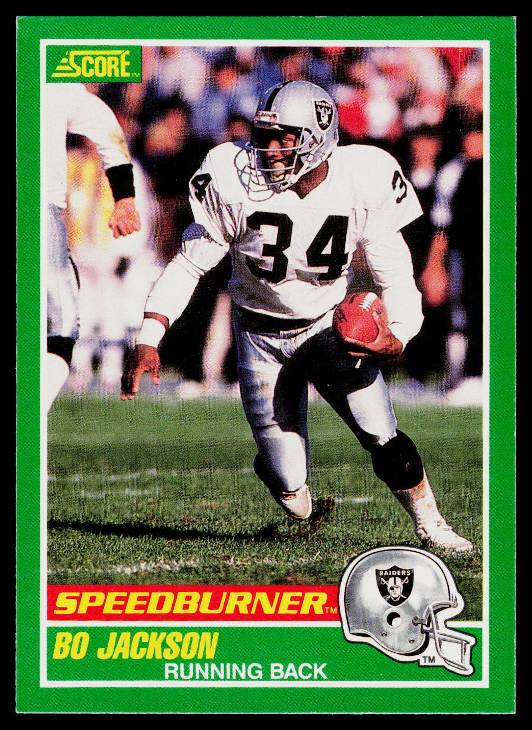 A vintage football trading card featuring Bo Jackson, an Oakland Raiders running back. The card has a green border, a 'SCORE' logo in the top left, and 'SPEEDBURNER' in red at the bottom.