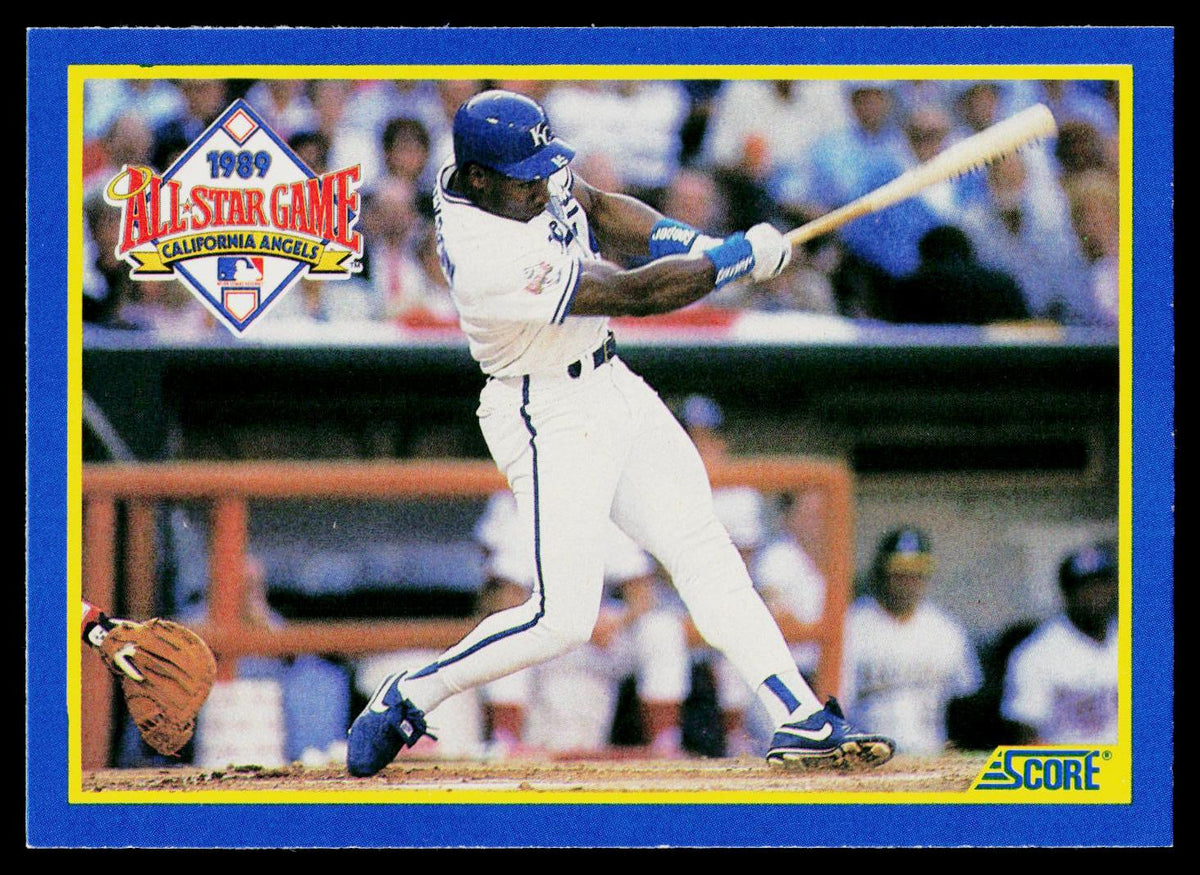 A vintage 1989 All-Star Game baseball trading card featuring Bo Jackson of the California Angels in a batting stance. The card has a blue border, a yellow inner frame, and a Score logo in the bottom right corner.