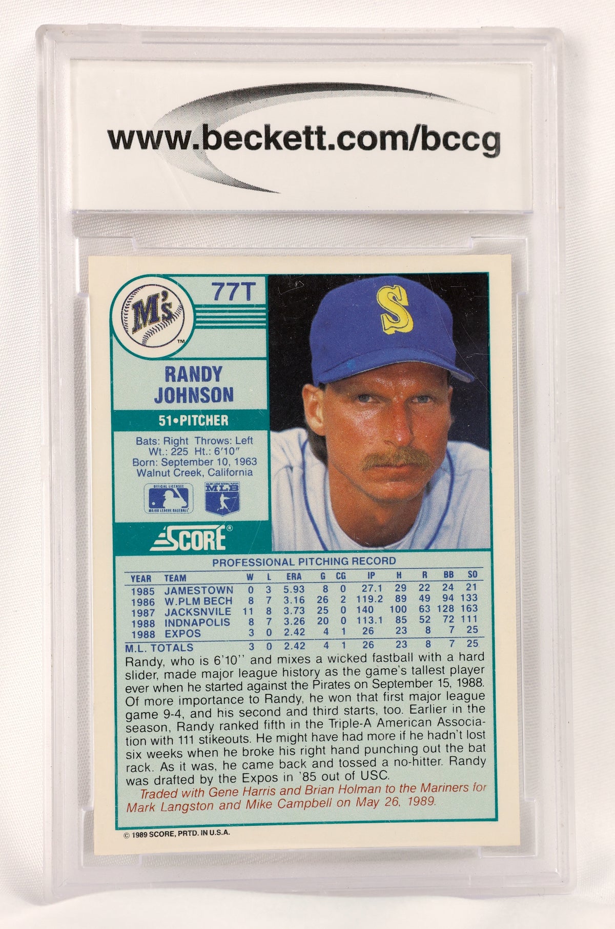 A MLB Randy Johnson trading card graded by Beckett, sealed inside a clear plastic protective holder. The card features a portrait of Randy Johnson in a blue cap and includes a detailed professional pitching record table at the bottom.
