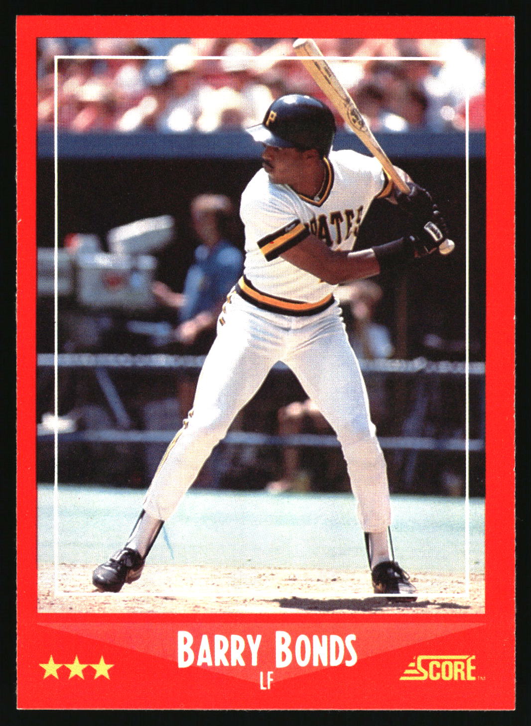 A vintage baseball trading card featuring Barry Bonds in a batting stance, wearing a white Pittsburgh Pirates uniform with black and gold accents. The card has a red border with 'BARRY BONDS' and '3 SCORE' printed at the bottom.