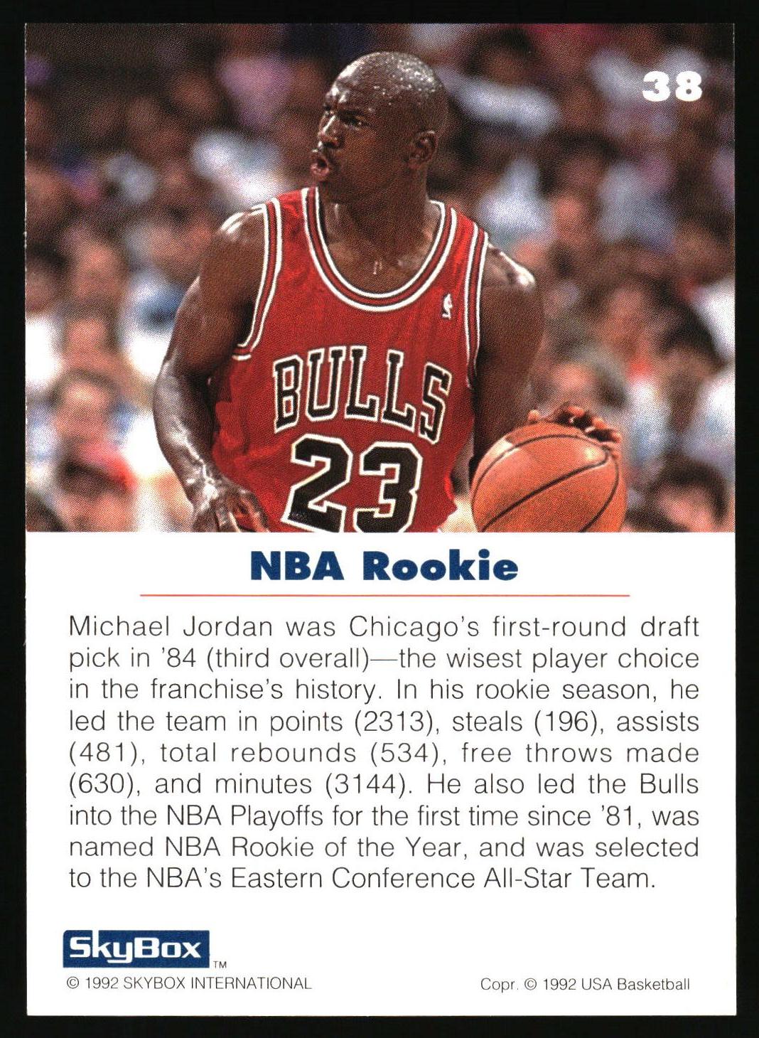 A vintage 1992 SkyBox basketball trading card featuring Michael Jordan in a red Chicago Bulls jersey, with text reading 'NBA Rookie' and a '38' in the top right.