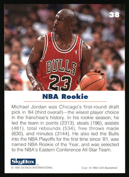 A vintage 1992 SkyBox basketball trading card featuring Michael Jordan in a red Chicago Bulls jersey, with text reading 'NBA Rookie' and a '38' in the top right.