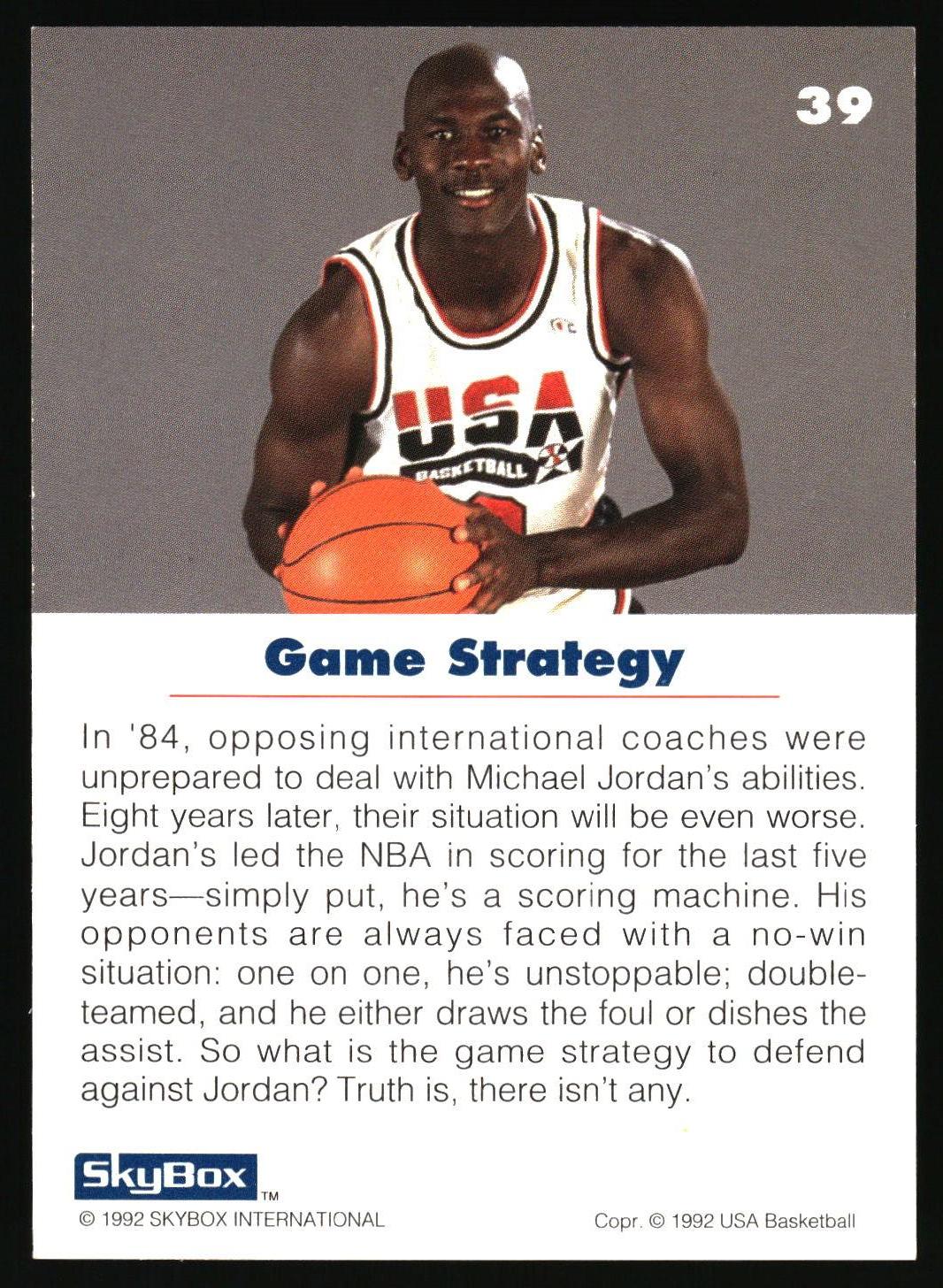 A vintage basketball trading card featuring Michael Jordan in a white USA Basketball jersey, holding an orange basketball against a gray background, with text below titled 'Game Strategy' and a SkyBox logo at the bottom.