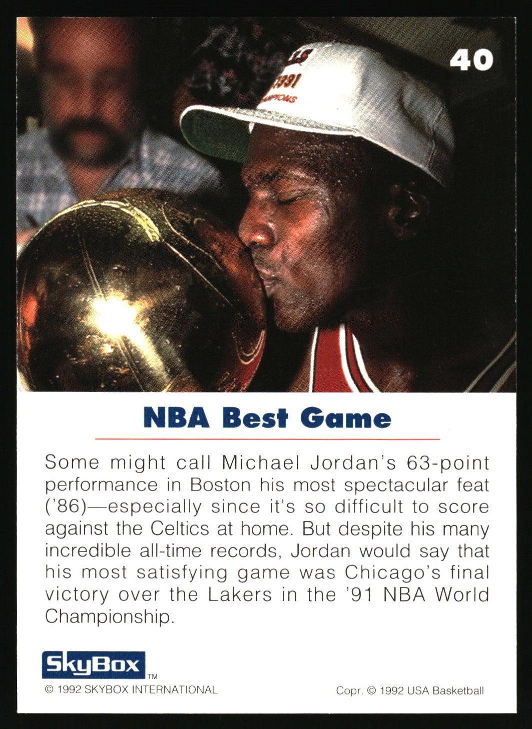 A collectible basketball trading card featuring a photo of Michael Jordan kissing a gold trophy, with text below reading 'NBA Best Game' and a SkyBox logo at the bottom.