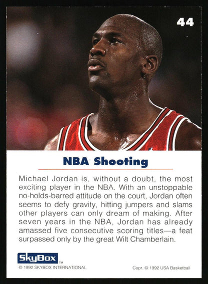 A vintage basketball trading card featuring Michael Jordan in a red Chicago Bulls jersey, with the text 'NBA Shooting' and a SkyBox logo at the bottom.