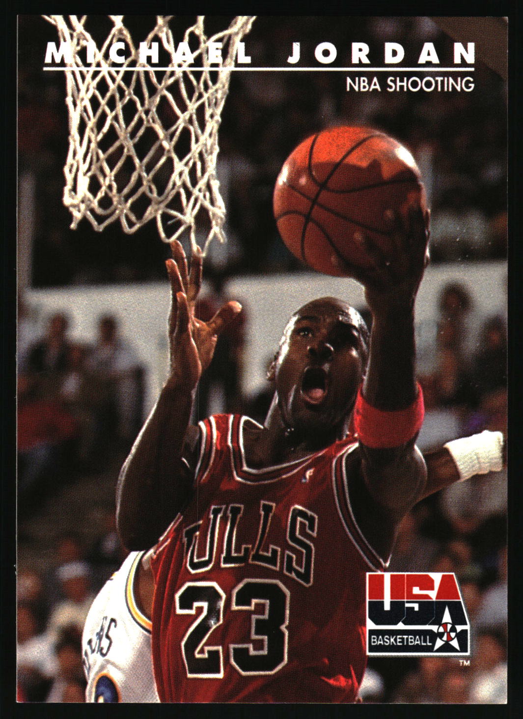 A basketball action photo print featuring Michael Jordan in a red Chicago Bulls jersey, reaching for a basketball near the hoop, with text reading 'MICHAEL JORDAN NBA SHOOTING' and a 'USA BASKETBALL' logo.