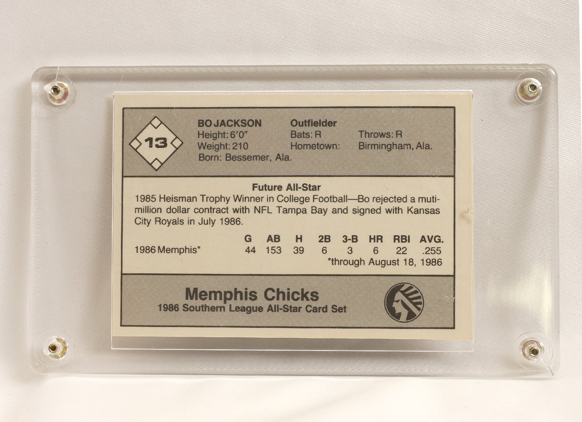A collectible 1986 Memphis Chicks Southern League All-Star card set in a clear acrylic holder. The card features player Bo Jackson with his 1985 and 1986 career statistics, including height, weight, and hometown.