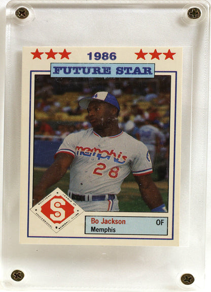 A 1986 Bo Jackson baseball trading card featuring a 'Future Star' design, displayed inside a clear plastic protective case with metal corner screws.