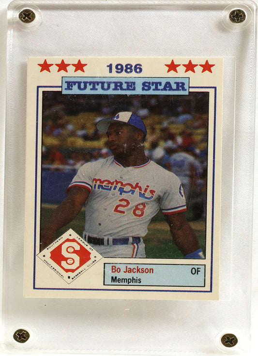 A 1986 Bo Jackson baseball trading card featuring a 'Future Star' design, displayed inside a clear plastic protective case with metal corner screws.