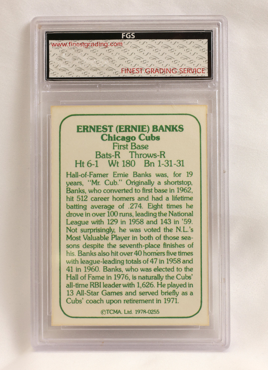 A vintage Chicago Cubs baseball card featuring Ernest (Ernie) Banks, graded and encapsulated by FGS (Finest Grading Service) in a clear plastic holder against a white background.
