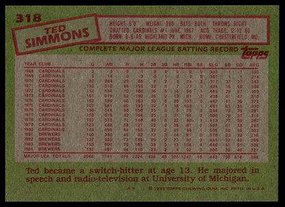 1985 Topps #318 Ted Simmons