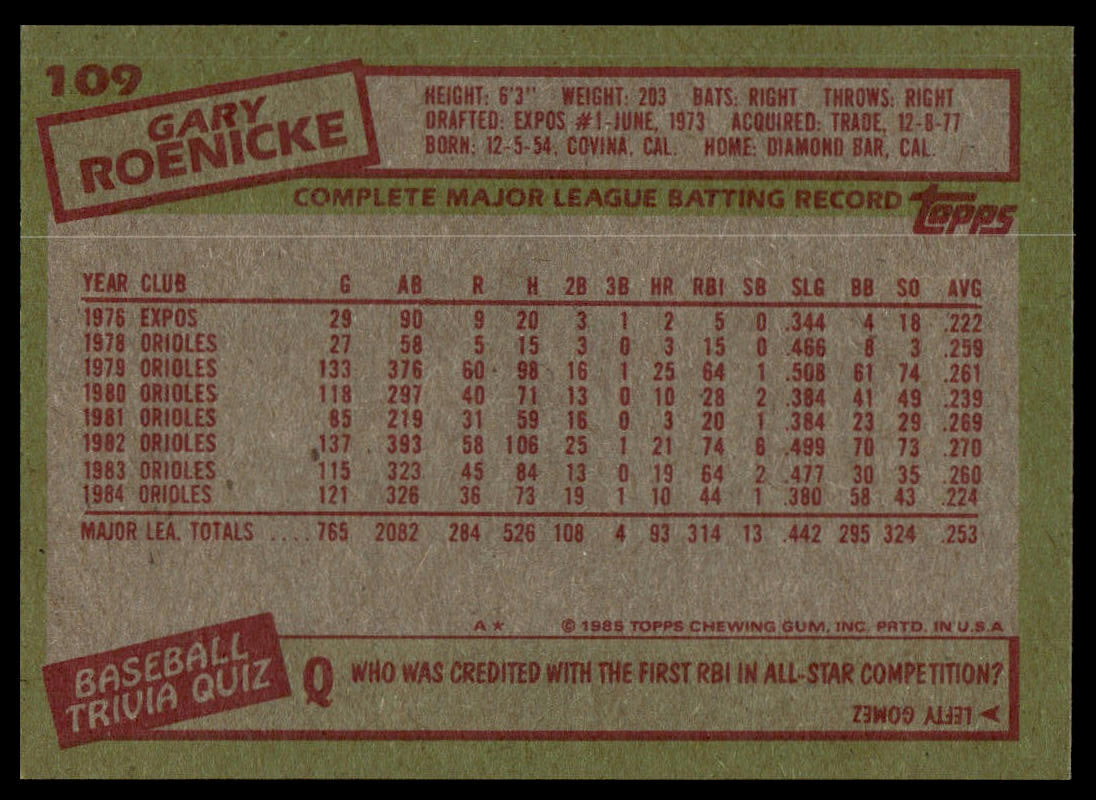 Back of a 1985 Topps baseball trading card featuring Garret Roenicke, card number 109. The card has a green background with red borders, red text boxes, and a white table of batting statistics in the center.