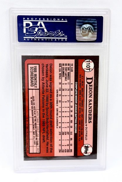 A 1988 Deion Sanders baseball trading card graded and encapsulated by PSA Sports, sealed in a clear plastic protective case against a white background.