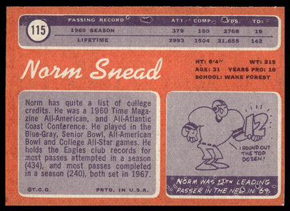 A vintage baseball trading card back featuring Norm Snead's 1969 player stats , and a cartoon player illustration near the bottom. 