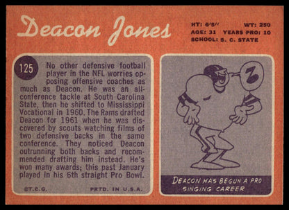 A vintage football trading card featuring Deacon Jones, with a player biography panel, and a purple cartoon illustration on the right hand side.