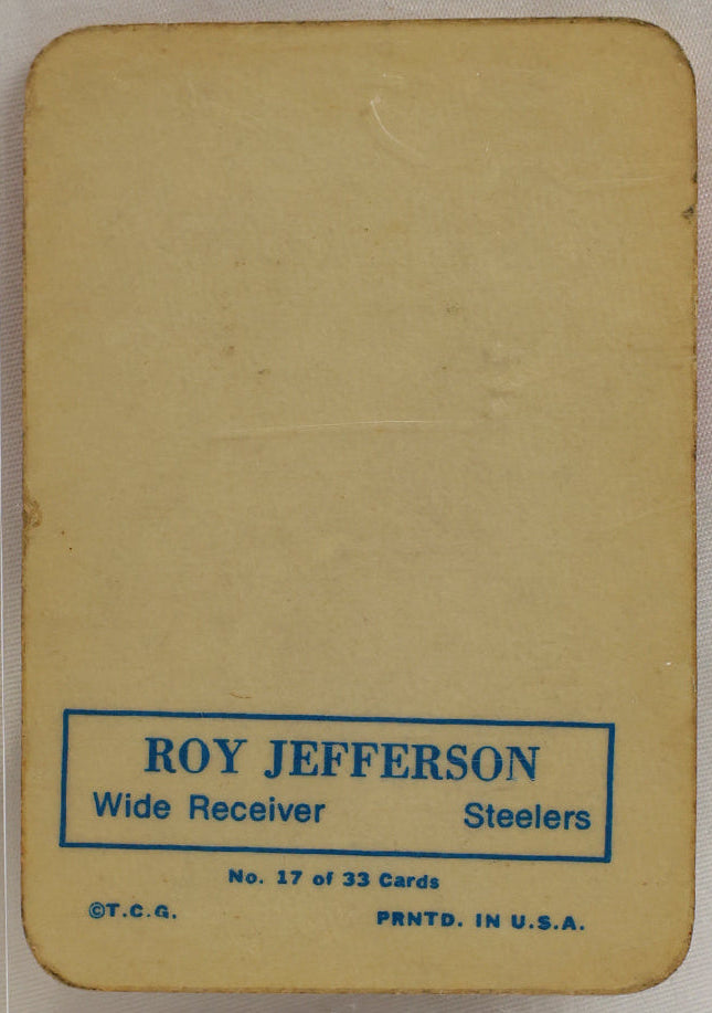 A vintage Roy Jefferson wide receiver collectible card, number 17 of 33 series, printed on tan cardstock with blue text. The card is housed in a clear protective plastic capsule against a white background.