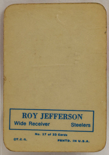 A vintage Roy Jefferson wide receiver collectible card, number 17 of 33 series, printed on tan cardstock with blue text. The card is housed in a clear protective plastic capsule against a white background.