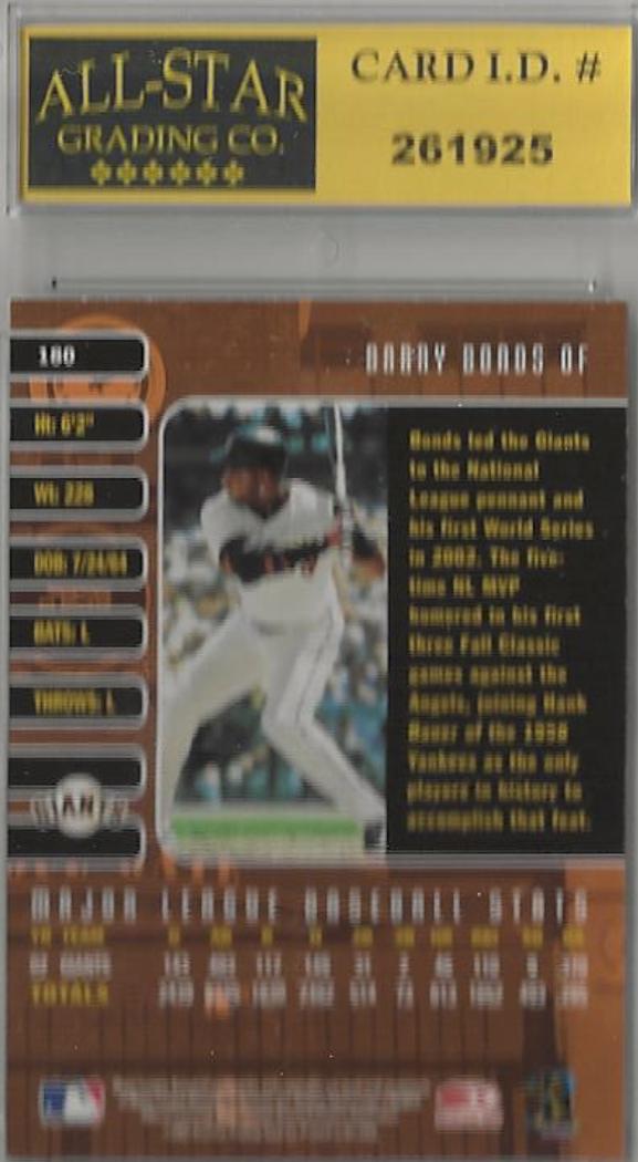 A Topps Bobby Bonds baseball trading card with player stats graded by All-Star Grading Co. card id # 261925.