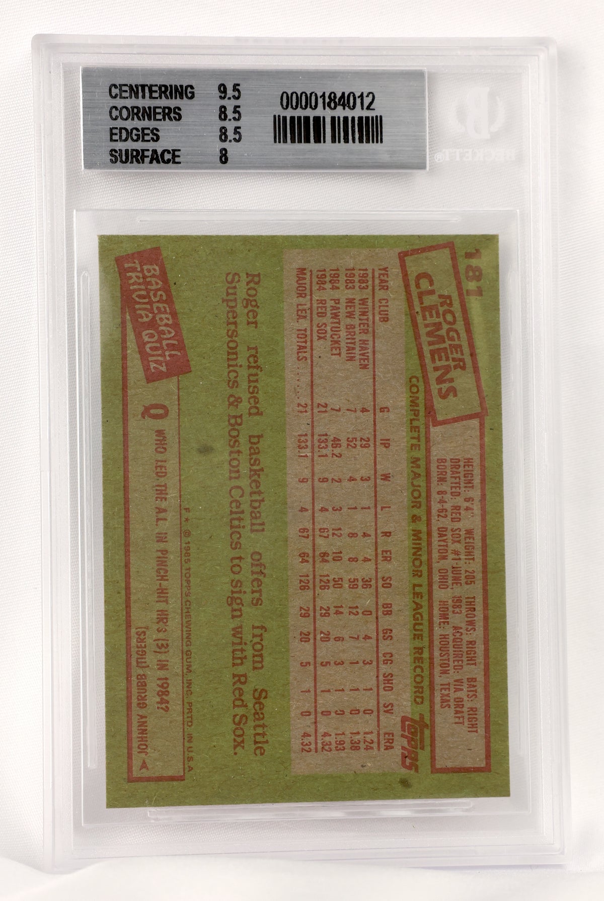 A vintage baseball trading card graded and encapsulated by PSA. The card features Jim Clemens with his batting stats, printed on an olive green background with red borders.