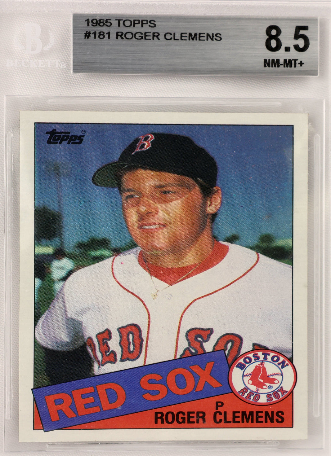 A 1985 Topps Roger Clemens baseball trading card graded 8.5 NM-MT+ by Beckett, encapsulated in a clear plastic protective slab.