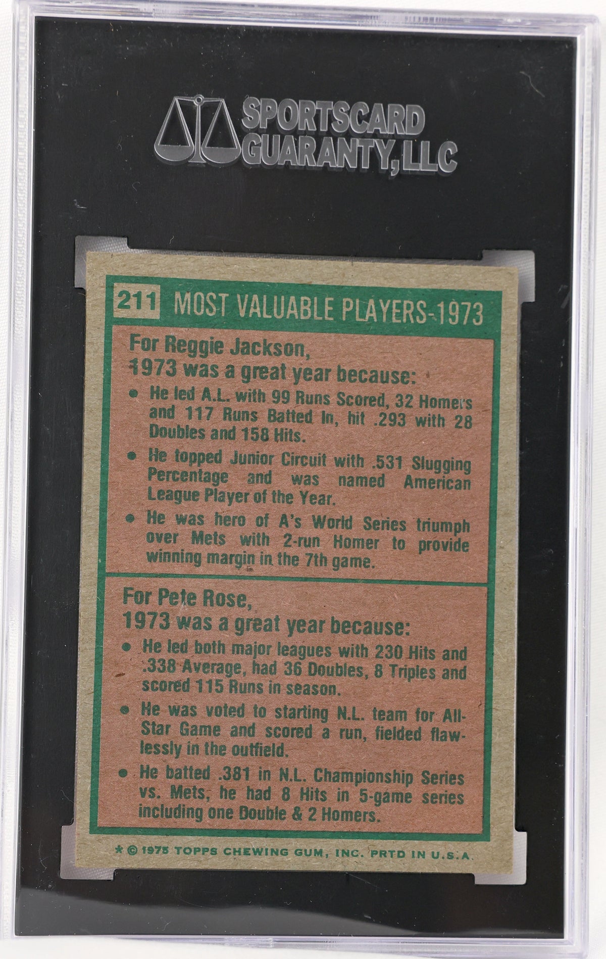 A vintage 1975 Topps trading card featuring Reggie Jackson and Pete Rose, displayed inside a clear protective case with a black SportsCard Guaranty LLC holder.