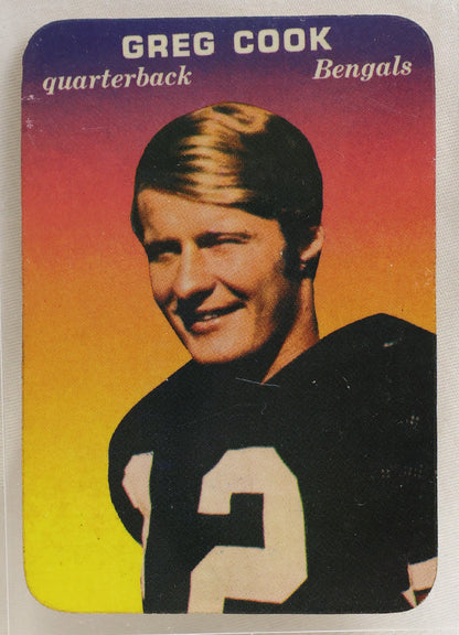 A vintage Greg Cook football trading card, displayed inside a clear protective plastic sleeve on a white background.