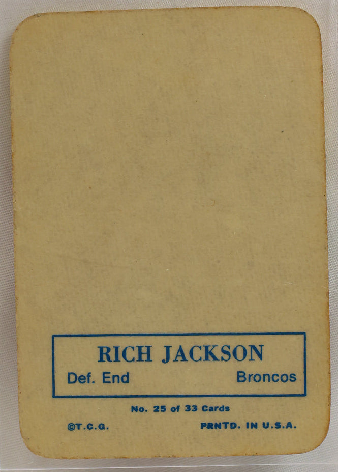 A vintage football card of Rich Jackson, number 25 of 33 cards for the Broncos, displayed inside a clear plastic protective case on a white background.