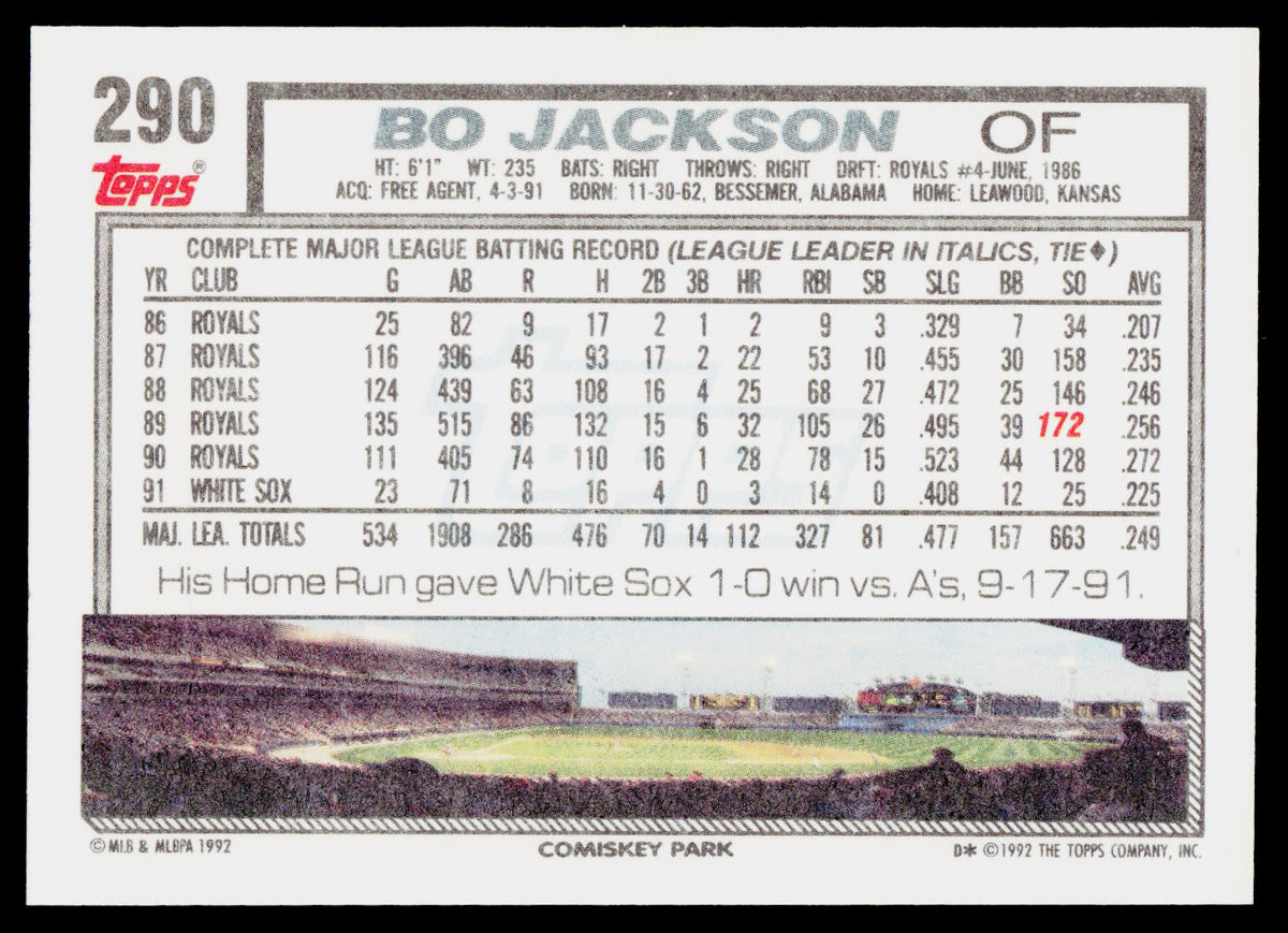 A vintage 1990 Topps baseball trading card back featuring Bo Jackson, showing his career batting statistics and a photo of the Chicago Sox at Comiskey Park.