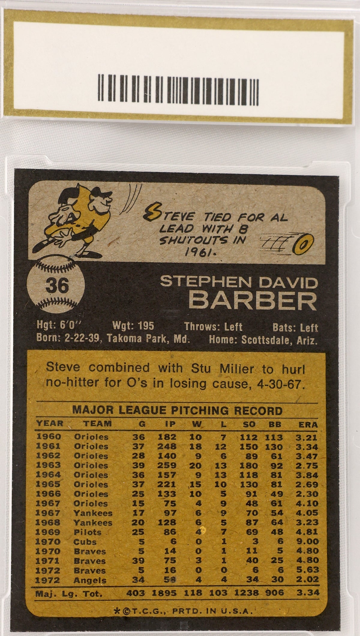 A vintage baseball card featuring Stephen David Barber, graded and encapsulated in a clear plastic holder with a gold label at the top.