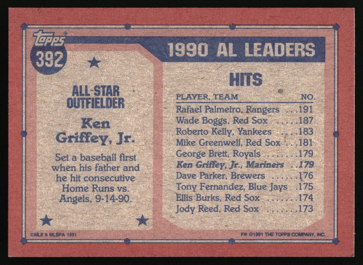 A vintage 1991 Topps baseball trading card back, card number 392, featuring Ken Griffey, Jr. as the All-Star Outfielder and All Leaders in hits for the 1990 season.