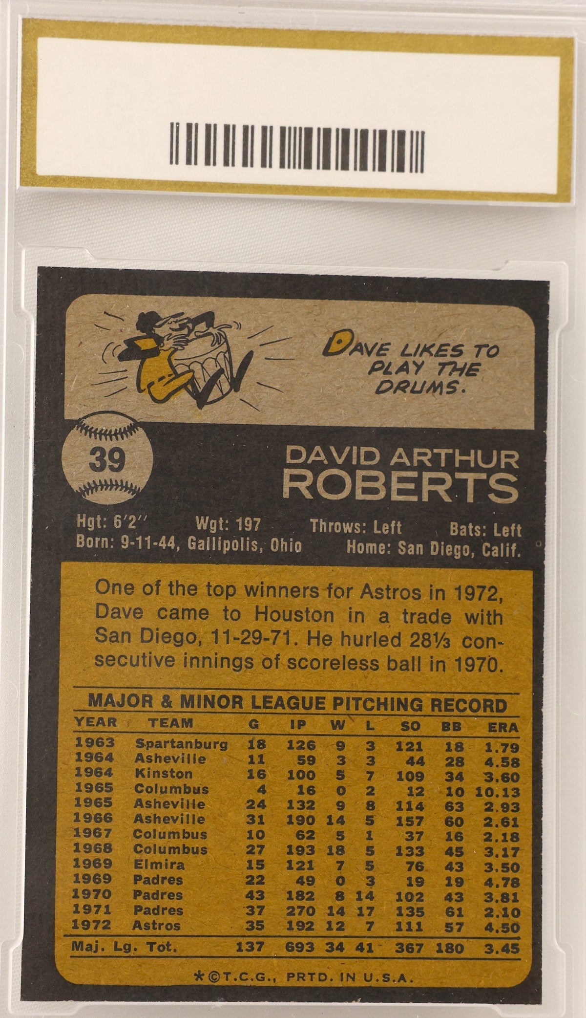 A vintage 1972 David Arthur Roberts baseball trading card, graded and encapsulated by PSC. The card features a dark brown and gold design with player statistics and a cartoon illustration.